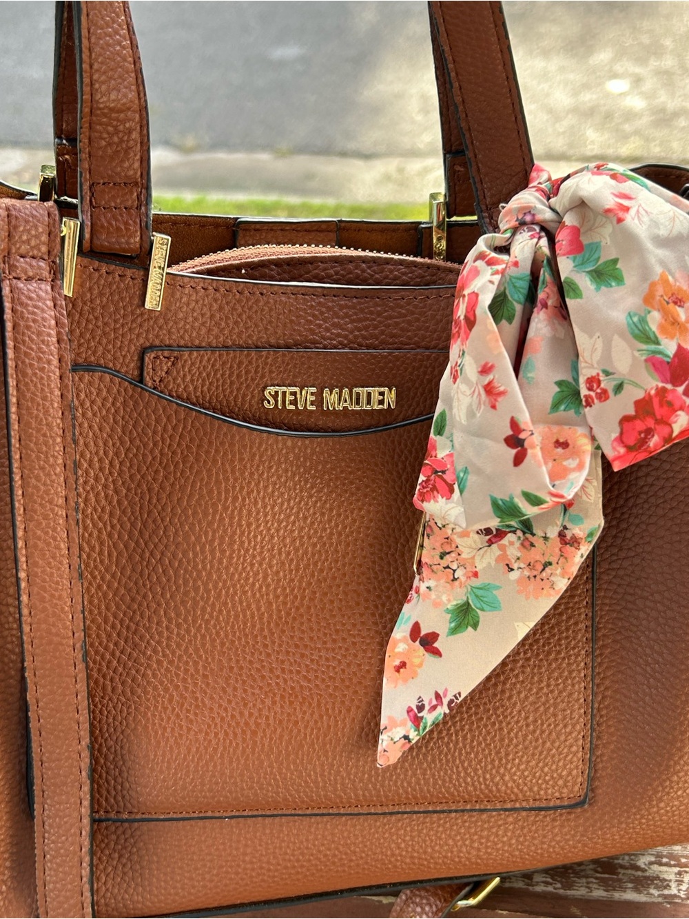 Steve Madden Tan Pebbled Leather Tote with Floral Scarf Accent
